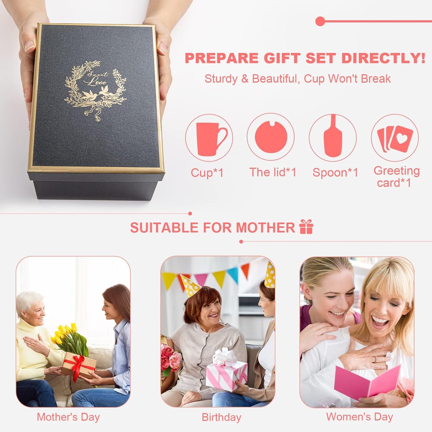 "World's Best Mom" "It's True, We Checked!"14oz Ceramic Coffee Cup with Lid Cards, Nice Gift Boxed