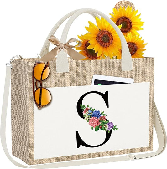 Initial Tote Bag with Zipper Pockets Adjustable Strap Travel Beach Bag